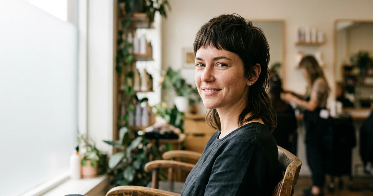 Mullet kort hår dame med svart topp smiler mot kamera på kontor med planter