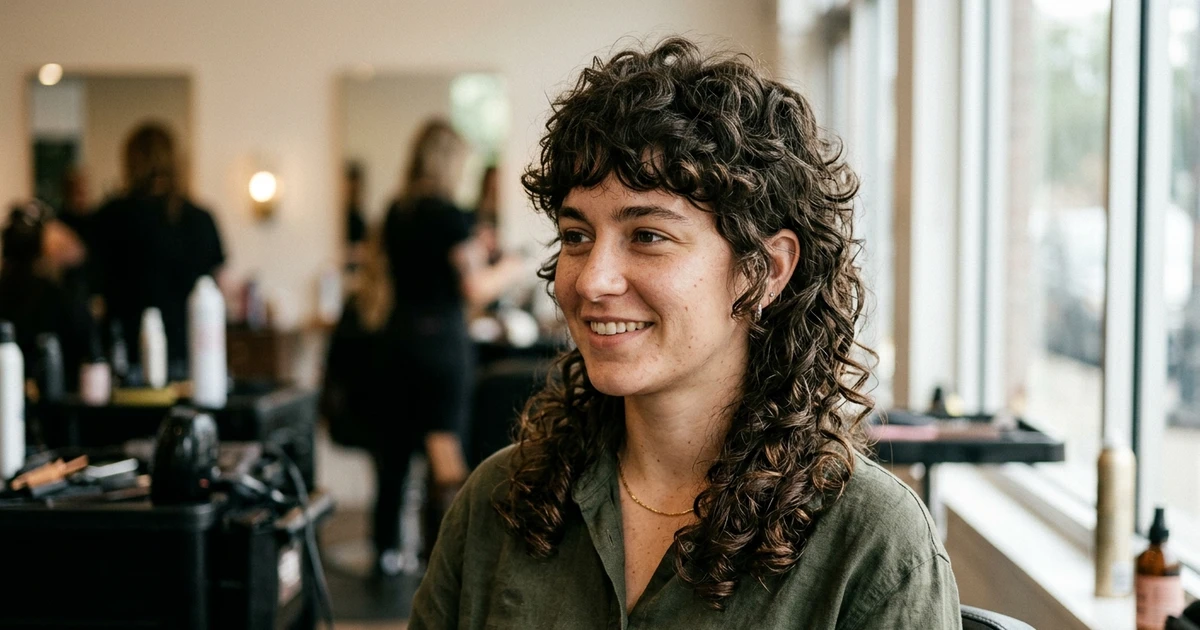 Mullet krøllete hår – kvinne med lockig mulletfrisyre i salon