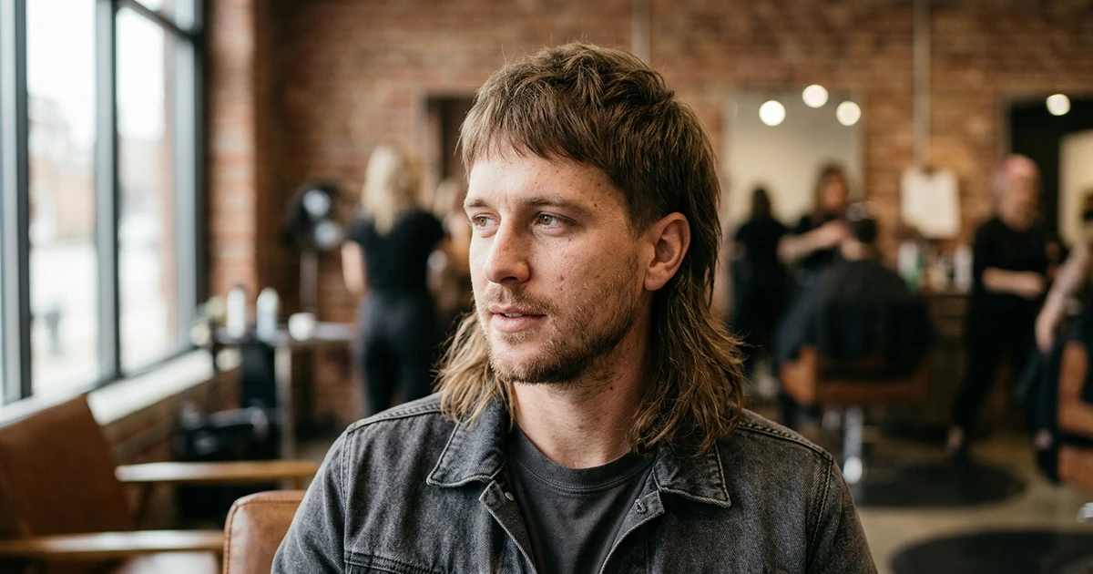 Mullet menn guide: mann med brunt mullet-frisyre i denim skjorte på moderne loft-interiør.