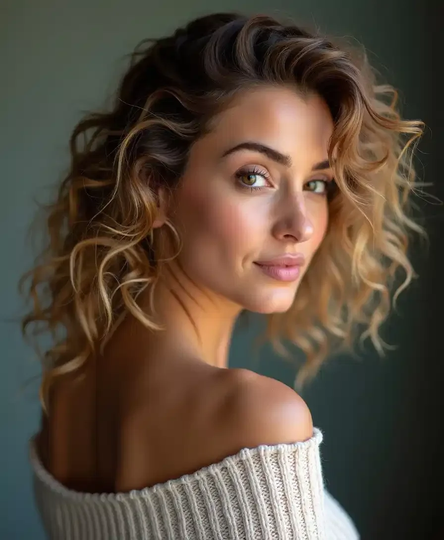 Halvlang lob med bølger og blond balayage, lys base og naturlig tekstur.