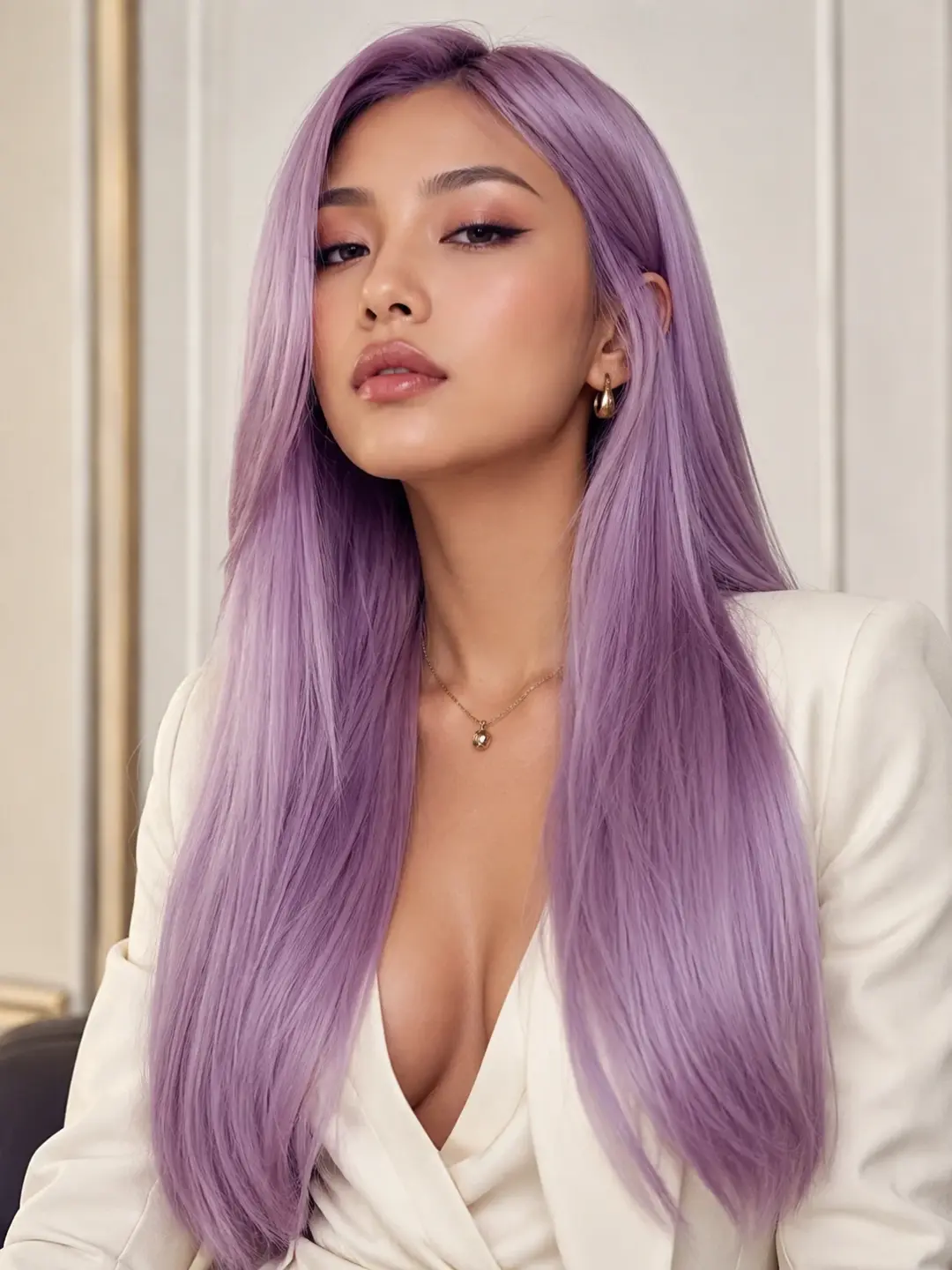 Lavendel langt hår med extensions, rett styling og jevn, silkemyk finish